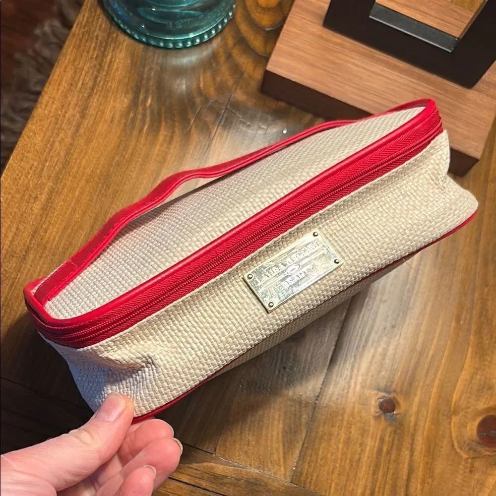 Laura Geller Beige and Red Cosmetic Bag